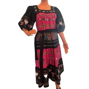 Vintage Ramona Rull Folk Art Festival Dress Pink Black Cotton Size‎ S/M (P)